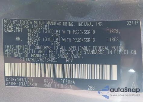 2017 Toyota Sienna Xle Premium 7 Passenger from USA, damaged, VIN 5TDDZ3DC7HS164853